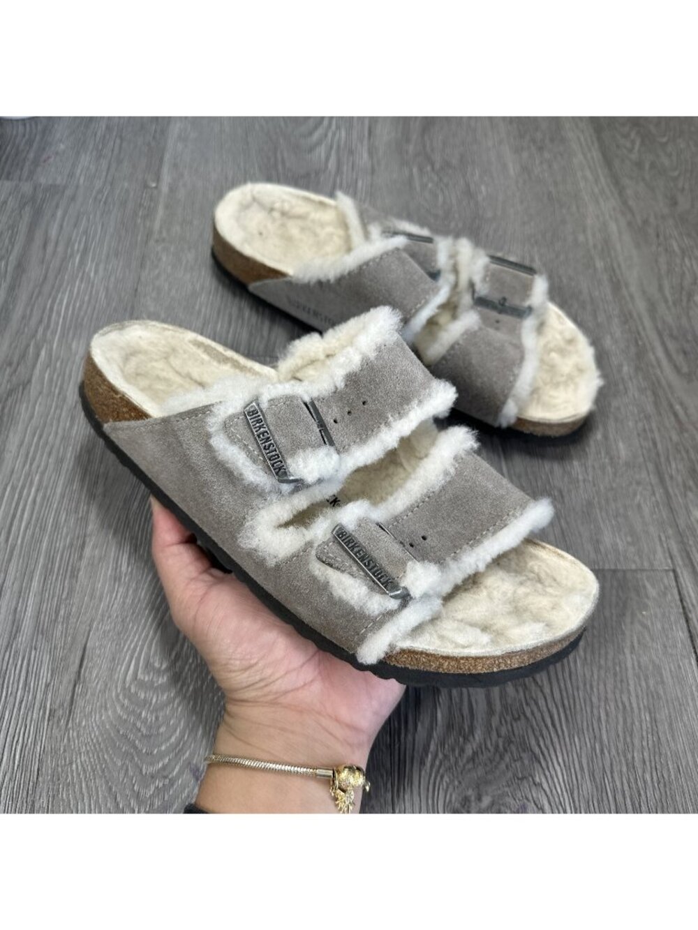 BIRKENSTOCK Women's Arizona Shearling Microfiber Sandals Grey Suede 38